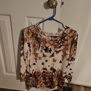 Floral Women's Top - Cream and Brown